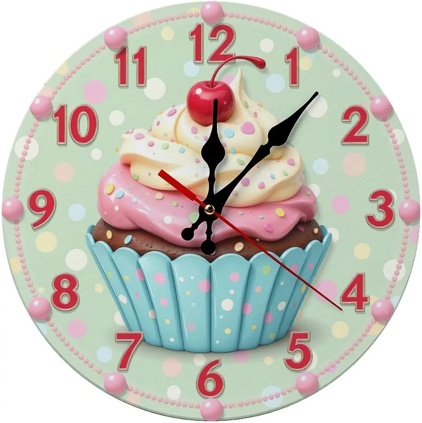 Orologio da Parete Silenzioso a Tema Cupcake con Sfondo Pastello, 12 Pollici, Senza Cornice, Movimento al Quarzo per Bagno e Cucina