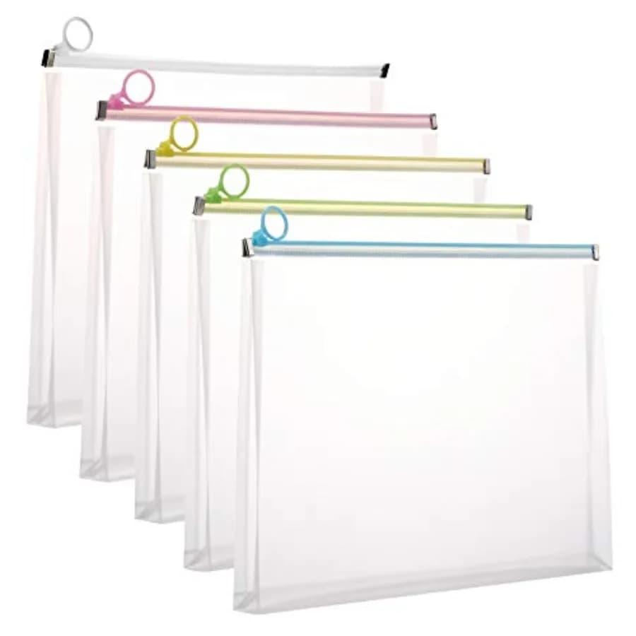 5Packs 9 3/4 x 13 Clear Plastic Zip Envelopes Letter File Document Paper Folder Case Assorted Colors