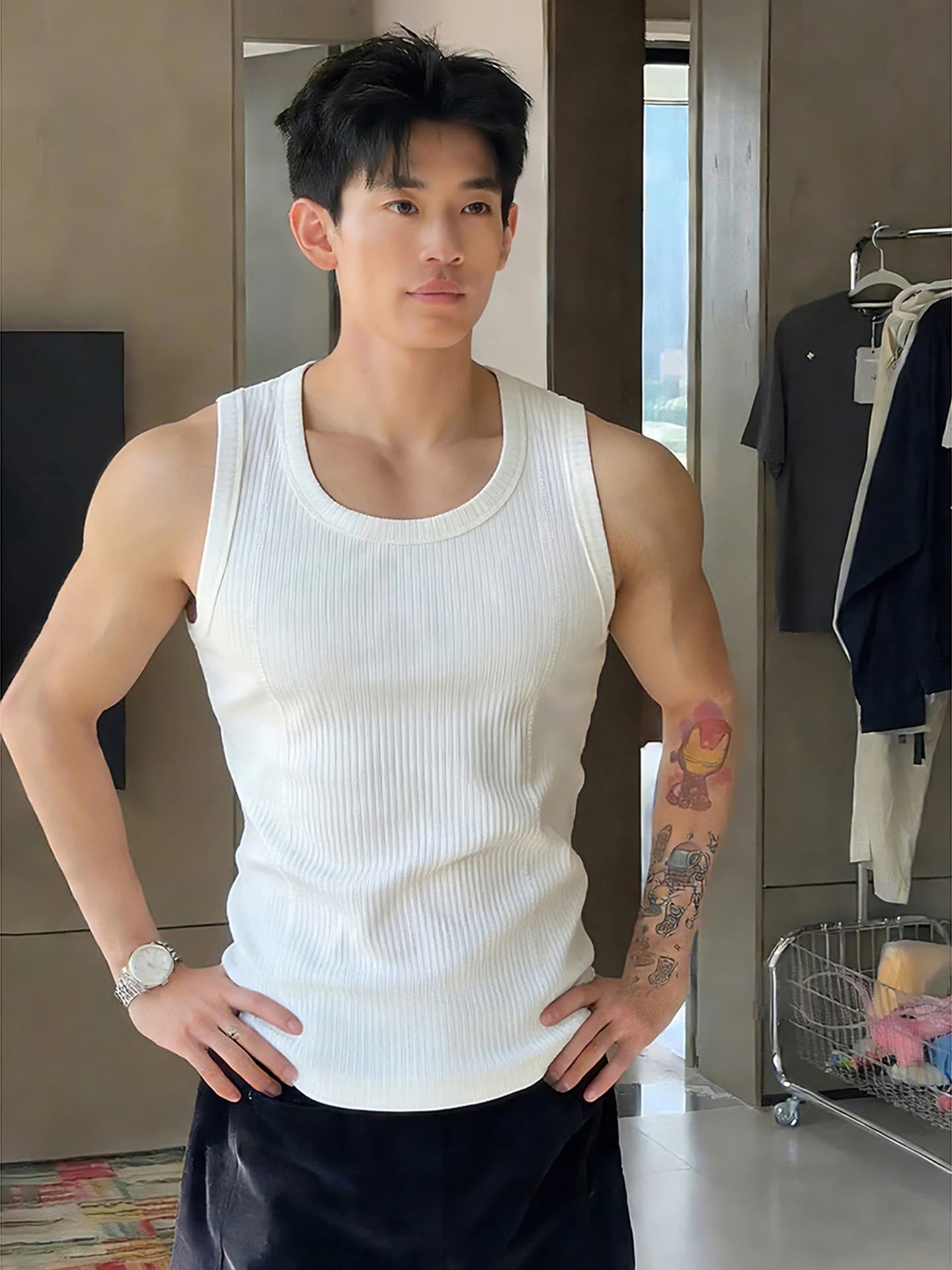 White Thick Ribbed Tank Top Men's Summer Outdoor Wear Slim Fit Sleeveless American Fitness Sports T-Shirt Breathable round Neck
