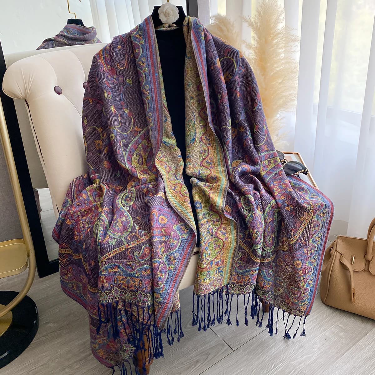 New Fashion Women's Faux Cashmere Winter Wrap Vintage Print Tassels Thick Warm Pashmina Two-Sided Scarf Outdoor Shawls Foulard
