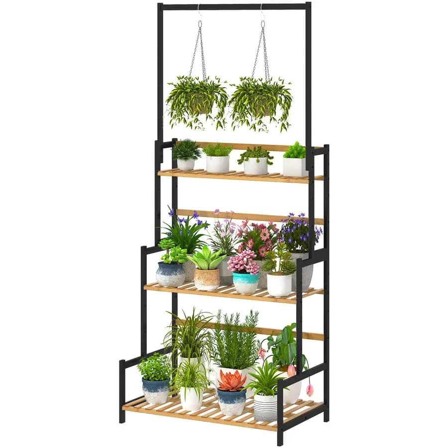 Support for Hanging Plants in Bamboo at 3 Levels with Hanging Rod, Display for Plants Adjustable in Height for Balcony and Portico