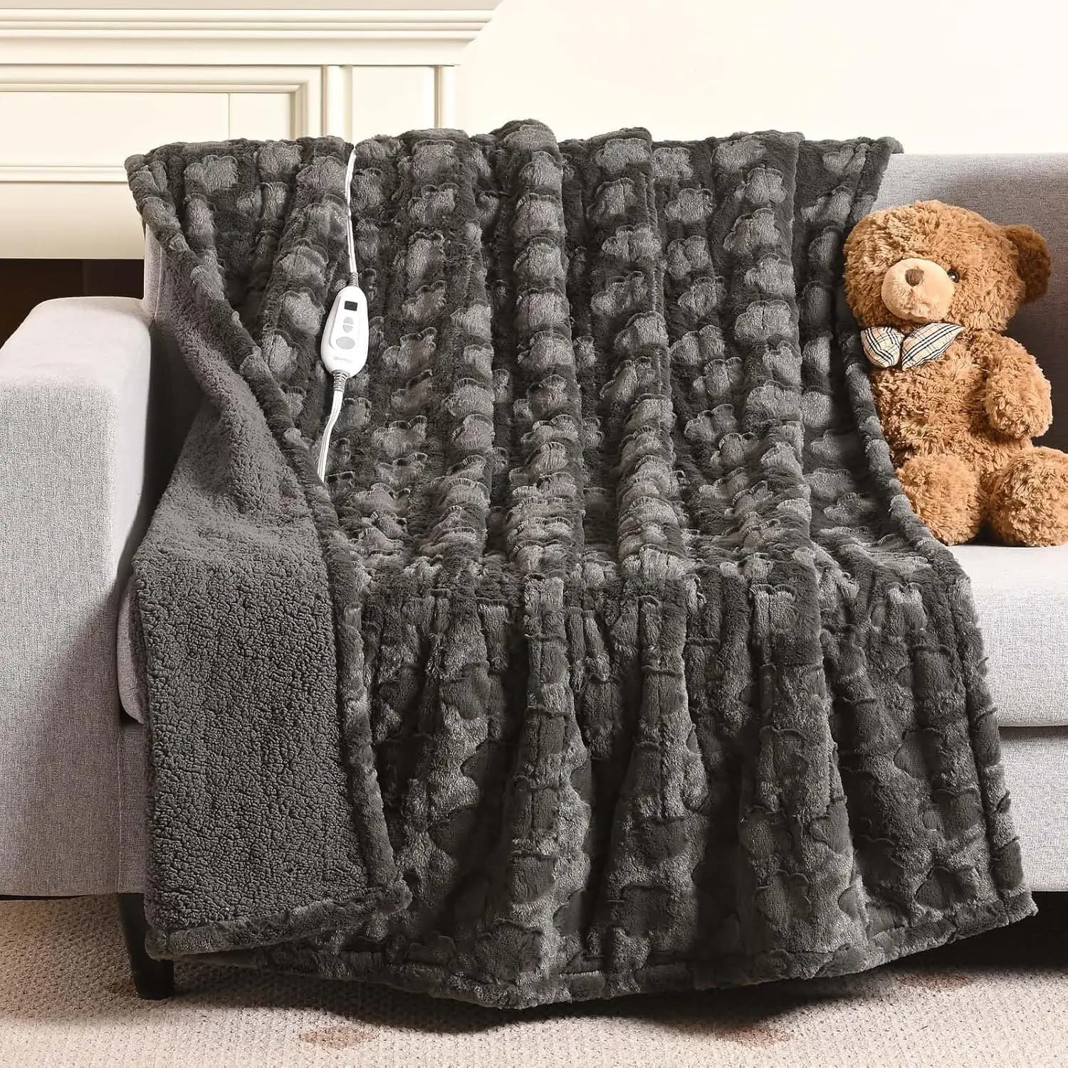 Coperta Elettrica 50"x60", Grigia con Motivo Floreale in Finta Pelliccia e Sherpa, Timer Auto-Spegnimento 4h, 6 Livelli di Calore, Certificata ETL, Lavabile in Lavatrice