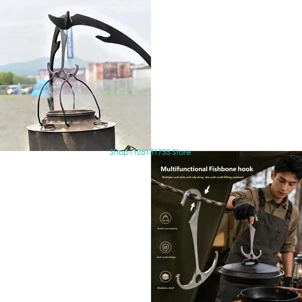 K0EF Tent Cord Utility Hook Metal Camp Accessory with Middle Hole for Small Cookware, Bagged Items, and Daily Cooking Area