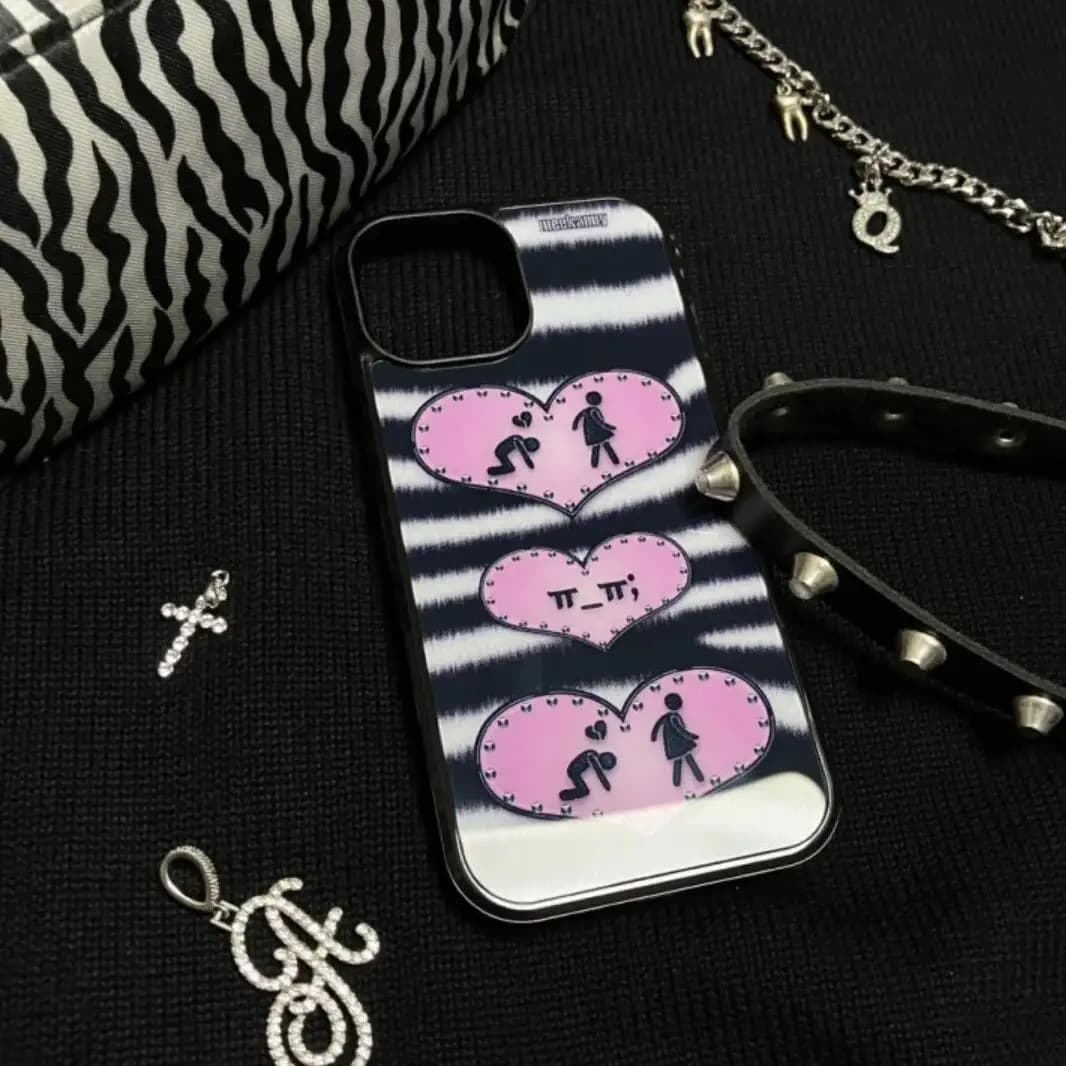 Cover per iPhone 17 Air 16 15 14 13 12 11 Pro Max Plus a righe nere e rosa con design Y2K, personalizzata e di tendenza, con cartone animato