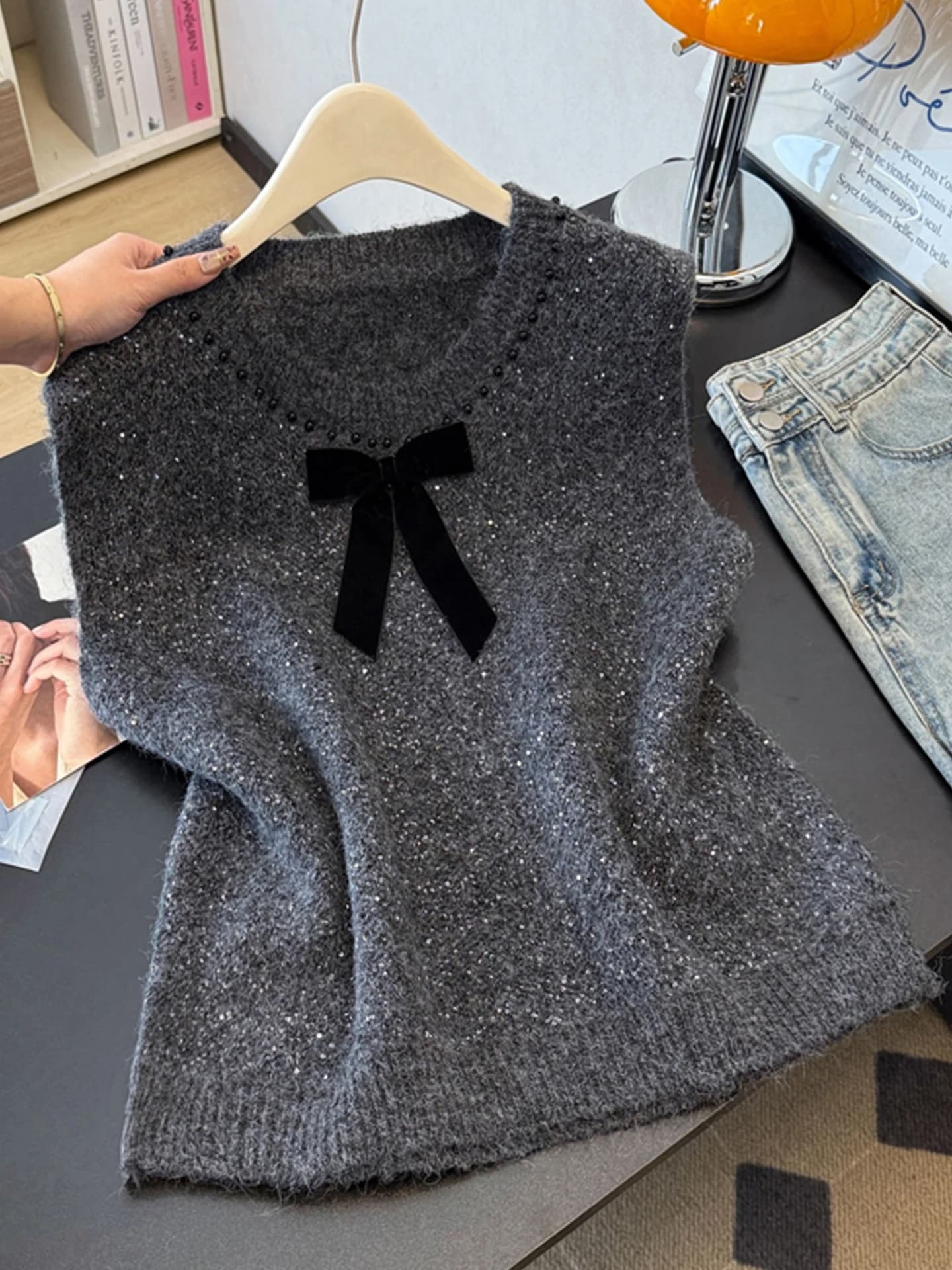 Gilet lavorato a maglia con nodo Deep Ey da donna, taglie forti, con paillettes, per abbigliamento a strati, per il tempo libero e la vita quotidiana