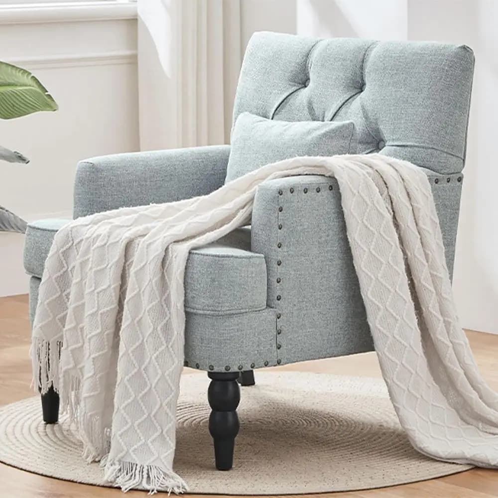 Poltrona Club Tuted, Poltrona Decorativa con Cuscino Lombare, Poltrona Imbottita con Bottoni, Poltrone in Tessuto di Lino per Camera da Letto, Soggiorno, C
