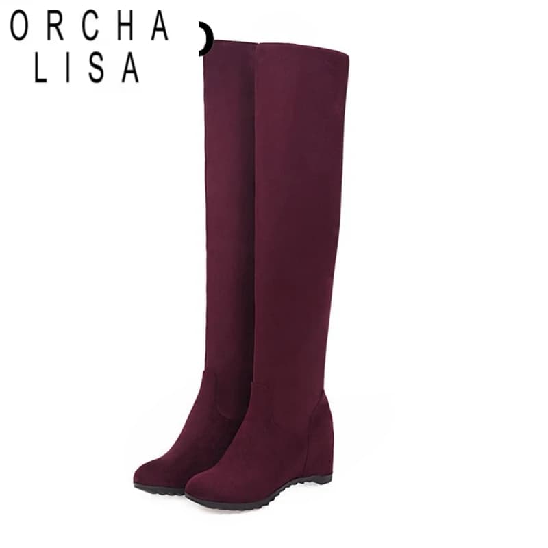 ORCHA LISA Autumn Winter Fashion Women Solid Colors Warm above the knee Boots 44 High Boots Round Toe Wedges Shoes F1296