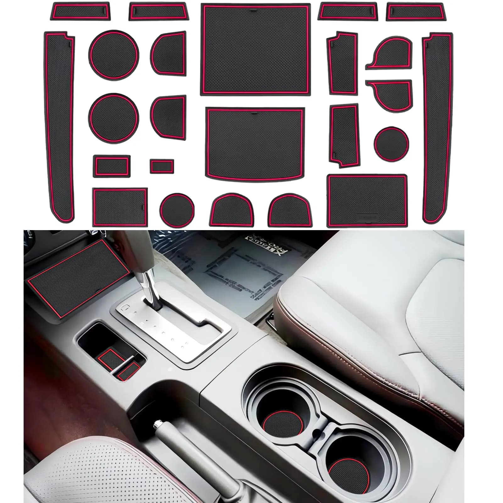 Set di tappetini per interni auto da 24 pezzi per Nissan Frontier 2005-2020 Xterra 2005-2015 Portabicchieri Tasca sulla porta Rivestimento console con finiture rosse