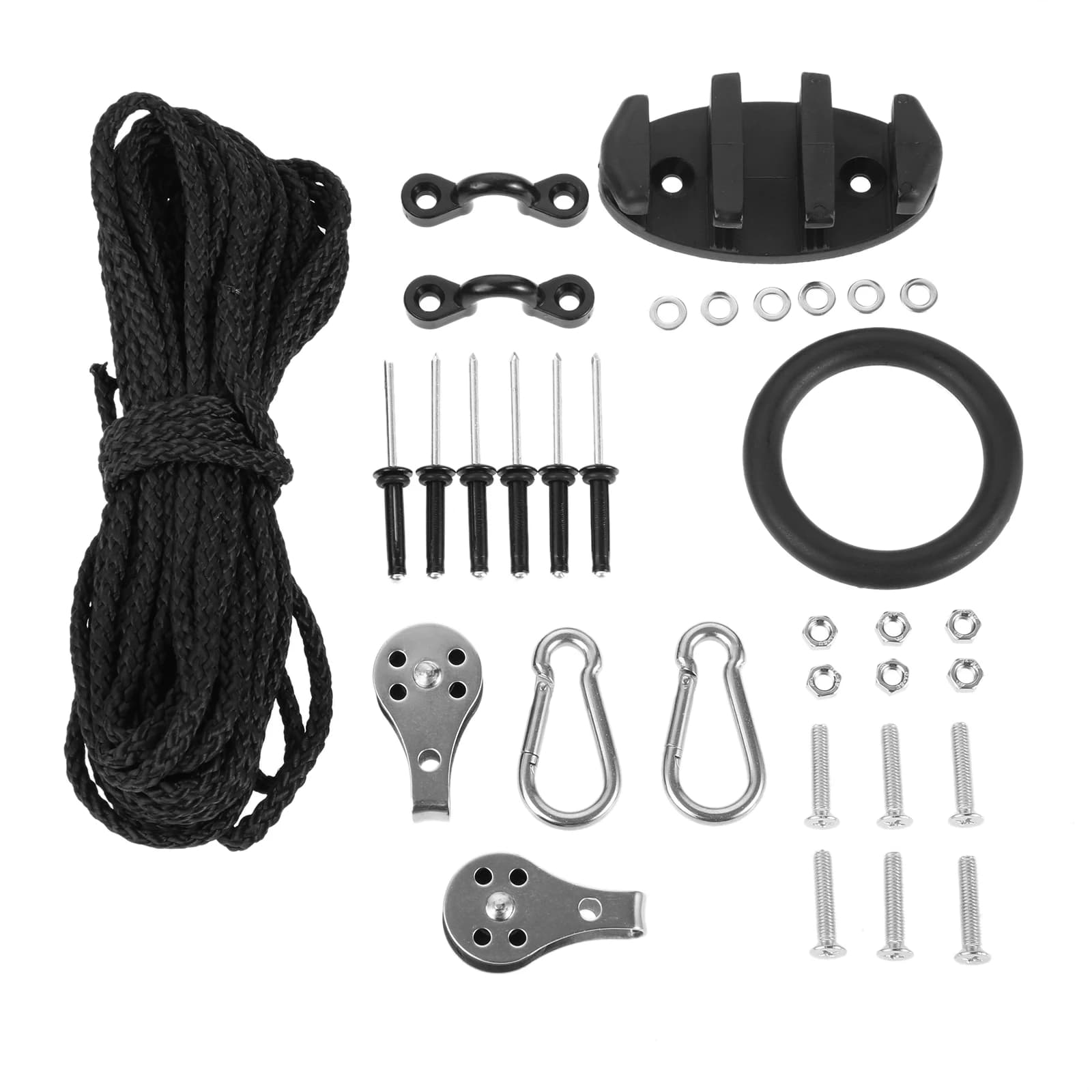 1 Set Trolley di ancoraggio Kit Sistema Corda Tacchetto Pulegge Moschettoni Pad Occhi Rivetti per Kayak Canoa Accessori per barche