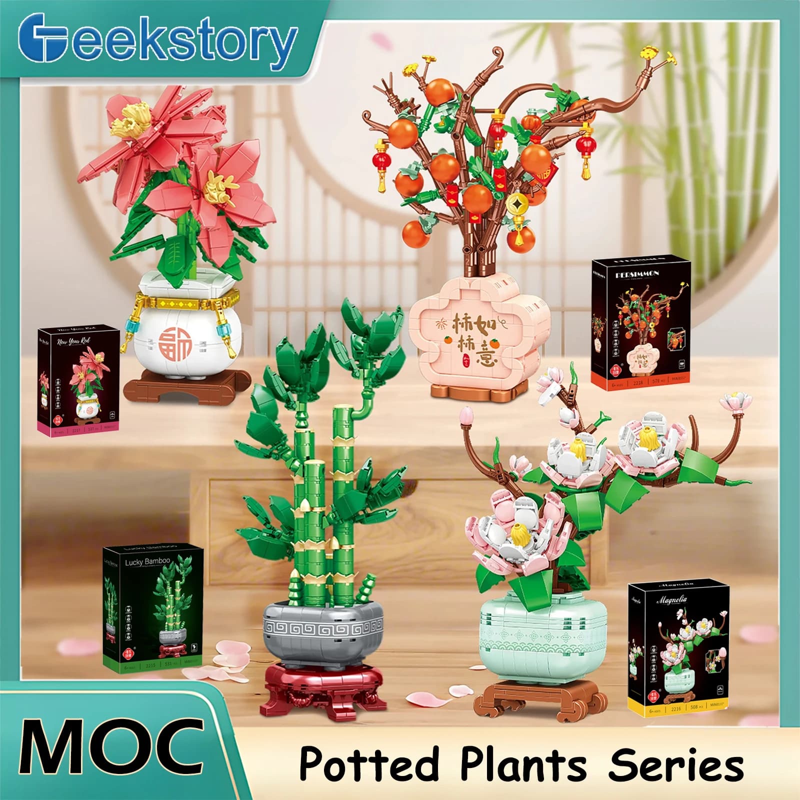 MOC Building Blocks Lucky Bamboo Orchid Artificial Flowers Bonsai Potted Plants Creative Home Decoration Brick Toy Romantic Gift