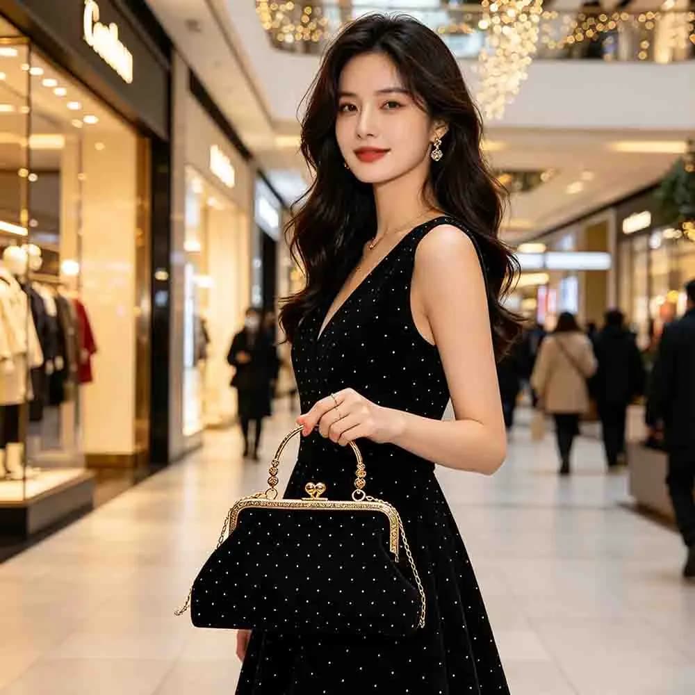 Borsa da Sera Elegante in Velluto Nero con Dettagli in Strass, Tracolla e Manico in Metallo, Chiusura Kiss Lock e Catena Dorata