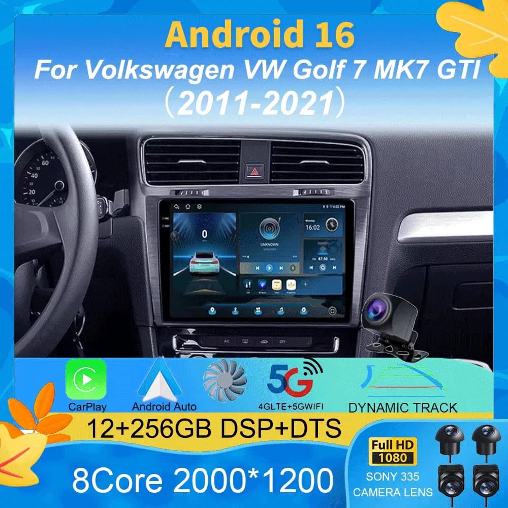 Autoradio multimediale Android 16 per Volkswagen Golf 7 2011-2021 MK7 con navigatore GPS, 5G WIFI, Carplay e telecamera a 360°.