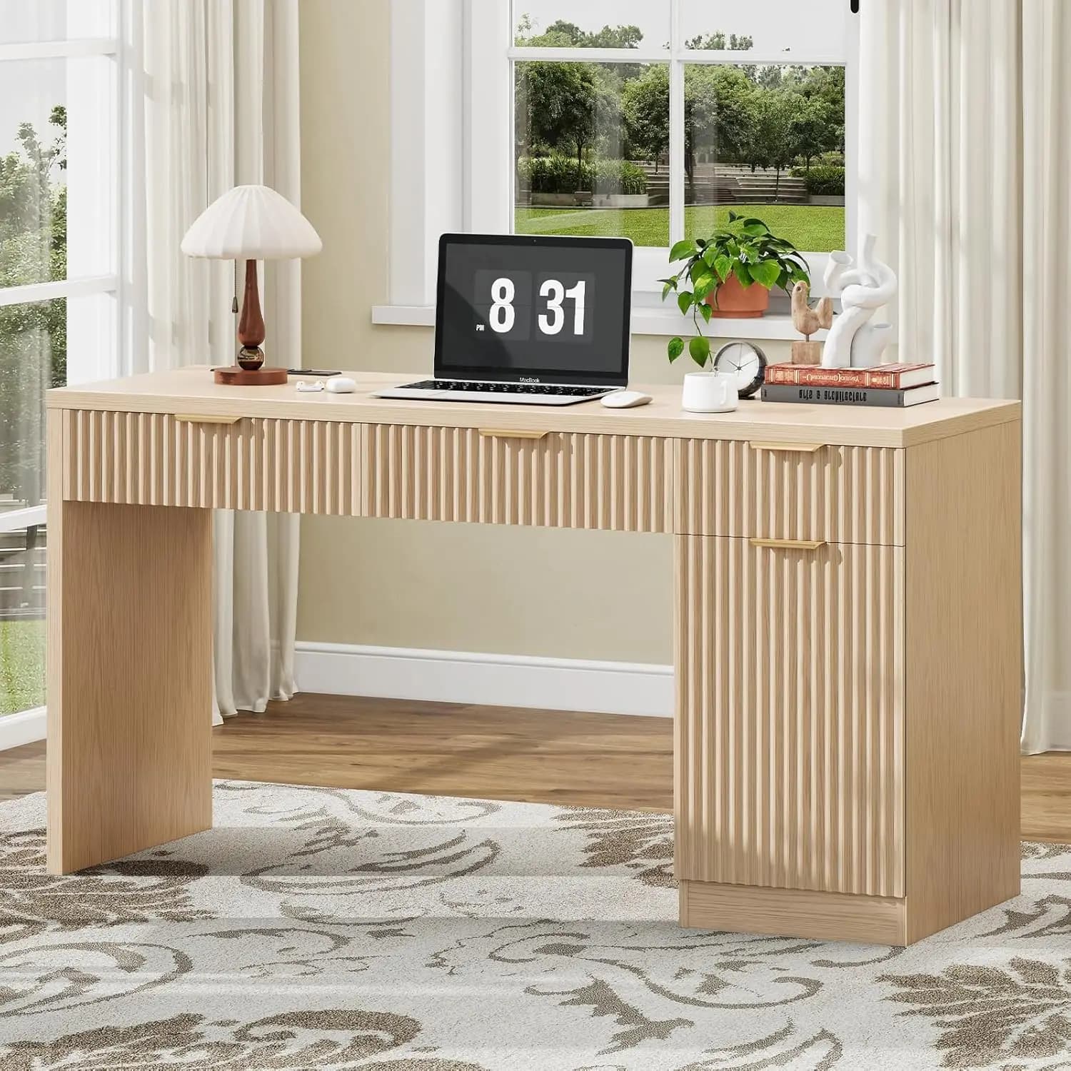 Scrivania Direzionale da 60 Pollici con Cassetti Scanalati, Scrivania per Ufficio Domestico in Legno con Armadietto Contenitore, Stazione di Ricarica, Scrivania per Computer con Design Scanalato