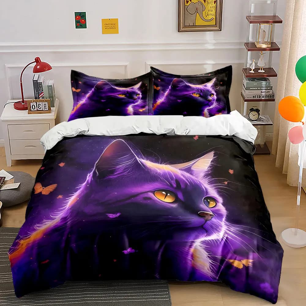Set di biancheria da letto con stampa gatto viola e farfalle arancioni, 1 copripiumino, 2 federe per adulti e bambini, regalo di lusso, misura completa
