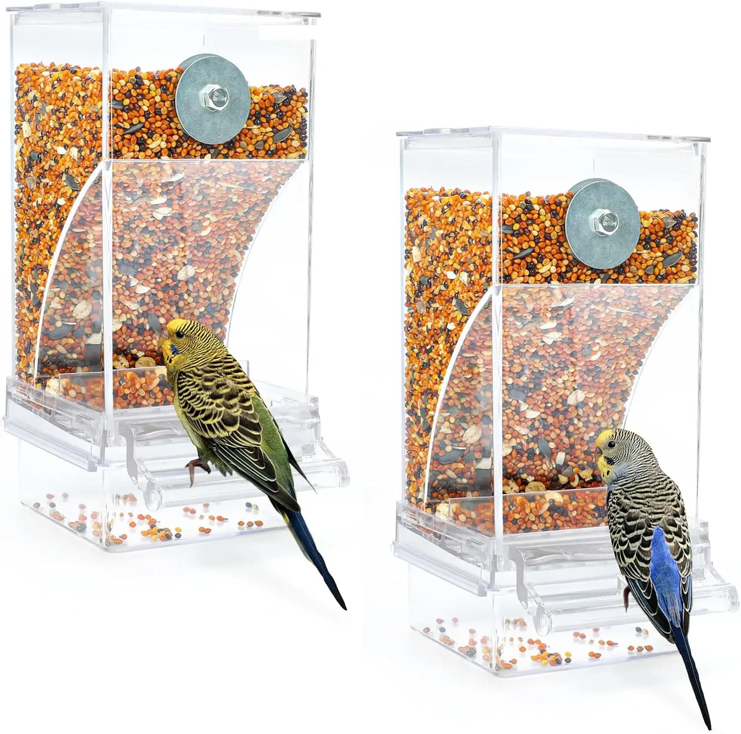 2 Pack Automatic Bird Feeder, Clear Acrylic No Mess Food Container for Small Birds Parakeet Canary Cockatoo