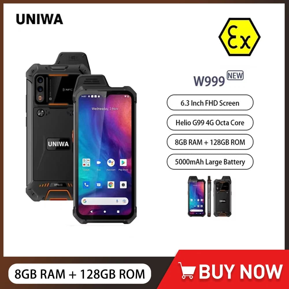 UNIWA W999 Robusto Walkie Talkie Impermeabile Helio G99 8GB + 128GB 6.3 Pollici FHD 5000mAh Smartphone Andriod 13 Telefono Mobile NFC ATEX