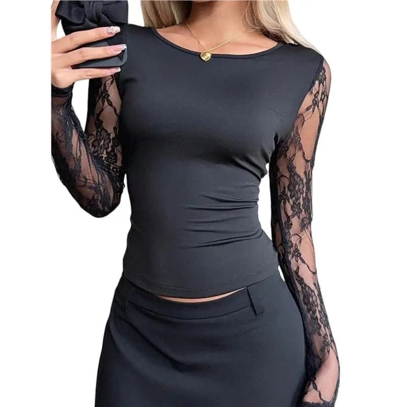 CYL-Top women's lace long sleeves, round neckline, transparent floral lace top, transparent blouses