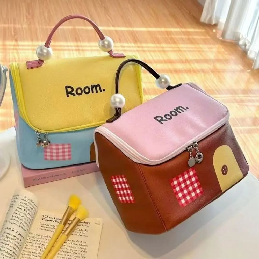 Large Capacity House Shape Makeup Bag Polyester Cute Travel Makeup Handbag Dopamine Color Easy Carry Toiletry Organizer Gift