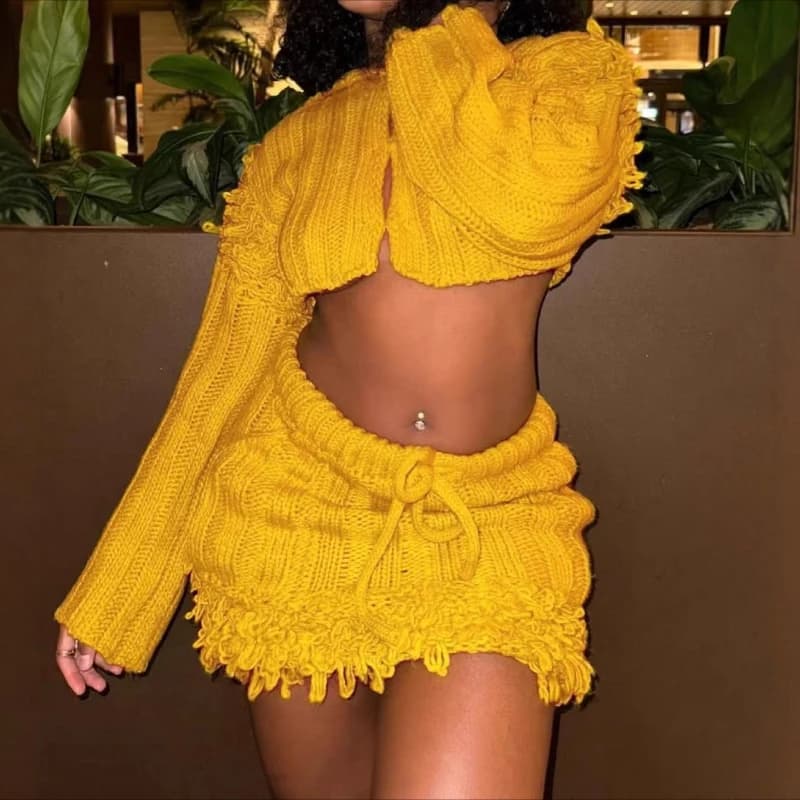 2025 Primavera e Autunno Donna Sexy Spice Girl Tinta unita Cardigan corto a maniche lunghe Gonna con frange Set da due pezzi