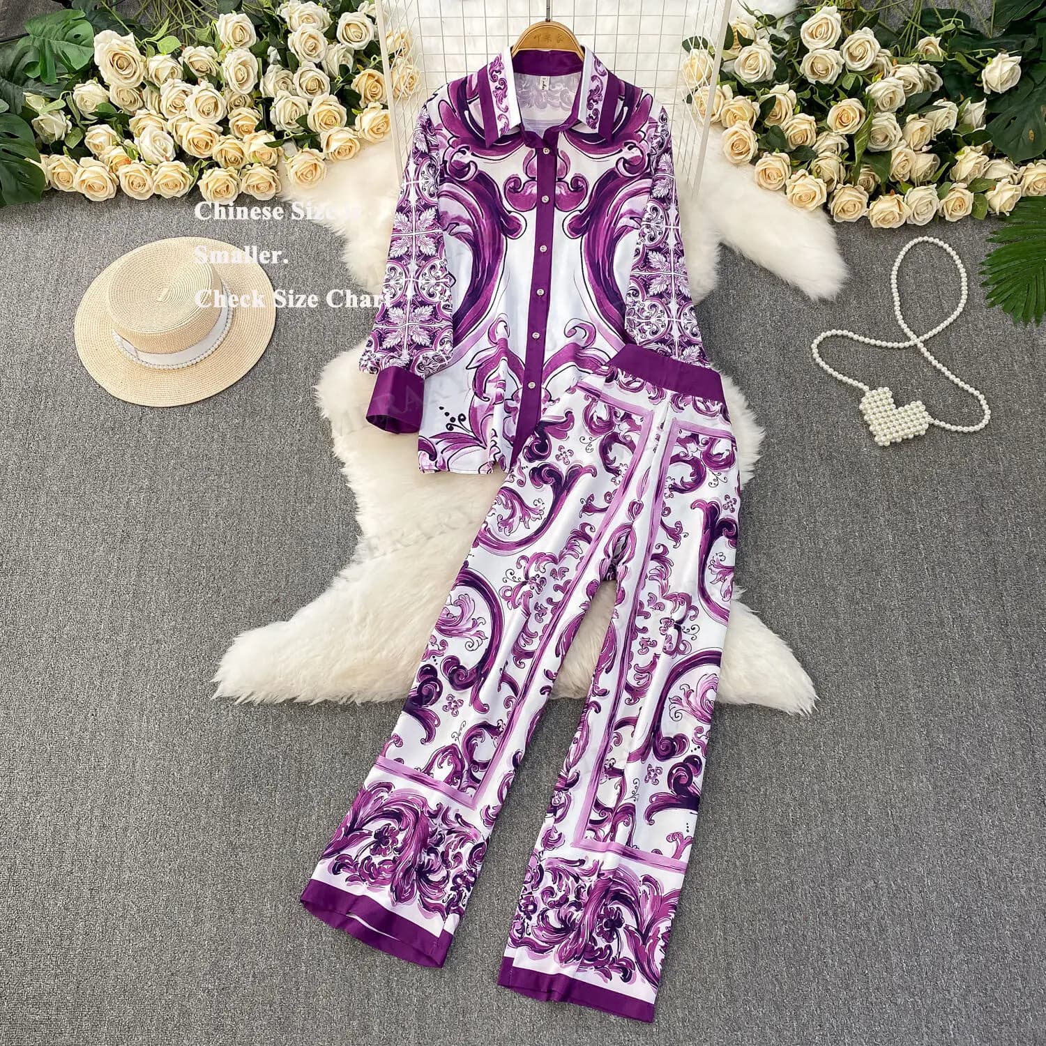 Autunno Viola Floreale Due Pezzi Set Donne Musulmane Abbigliamento Pocelain Giacca Camicie Elastico in Vita Gamba Larga Pantaloni Lunghi 2 Pezzi Abiti