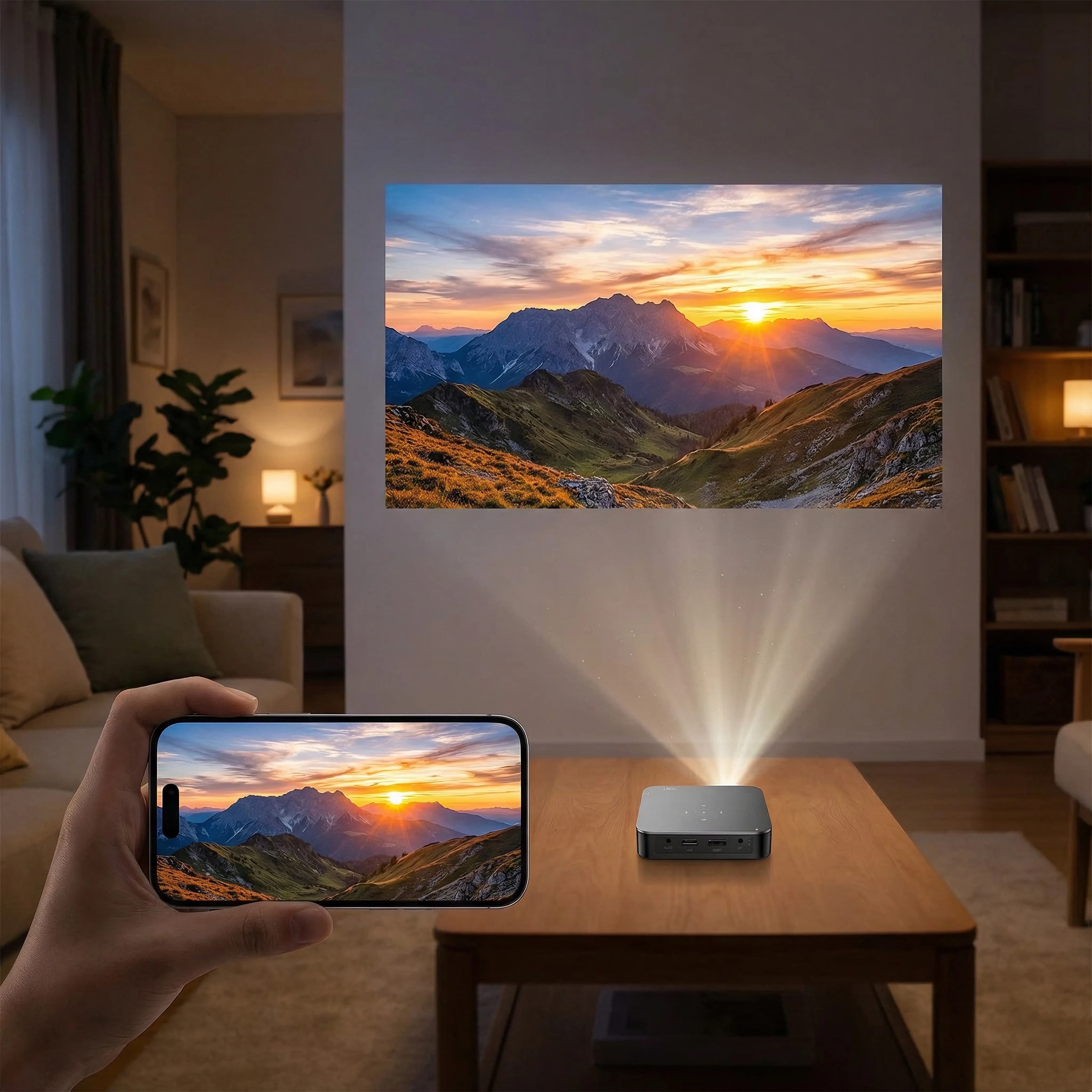 Mini Proiettore DLP Android 9 a Tiro Corto con Supporto 4K, Proiettore Portatile per Esterni con WiFi e Altoparlante Ricaricabile