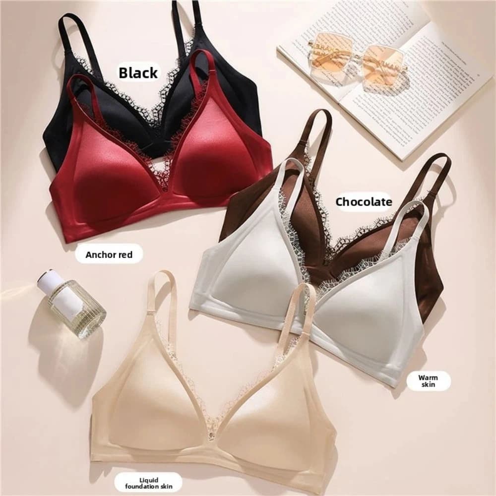 Reggiseno Wireless in Raso con Scollo a V e Pizzo, Tinta Unita, Comodo, Push-Up, Lingerie Estiva Primaverile
