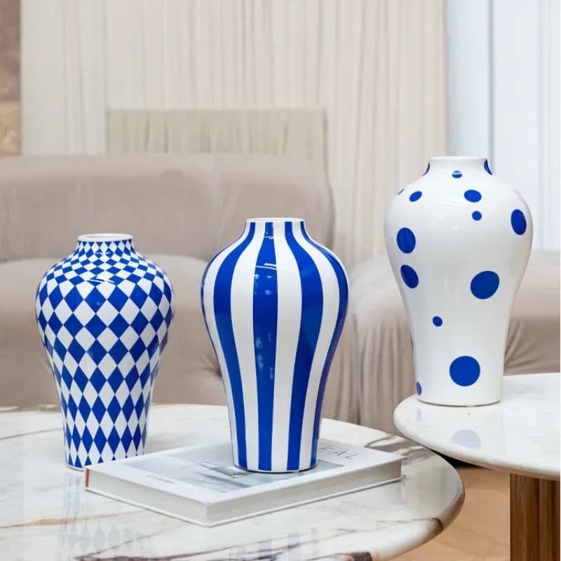 Vaso in ceramica Blu geometrico trapuntato Motivo a pois Disposizione floreale Accessori Artigianato in ceramica Decorazione della casa