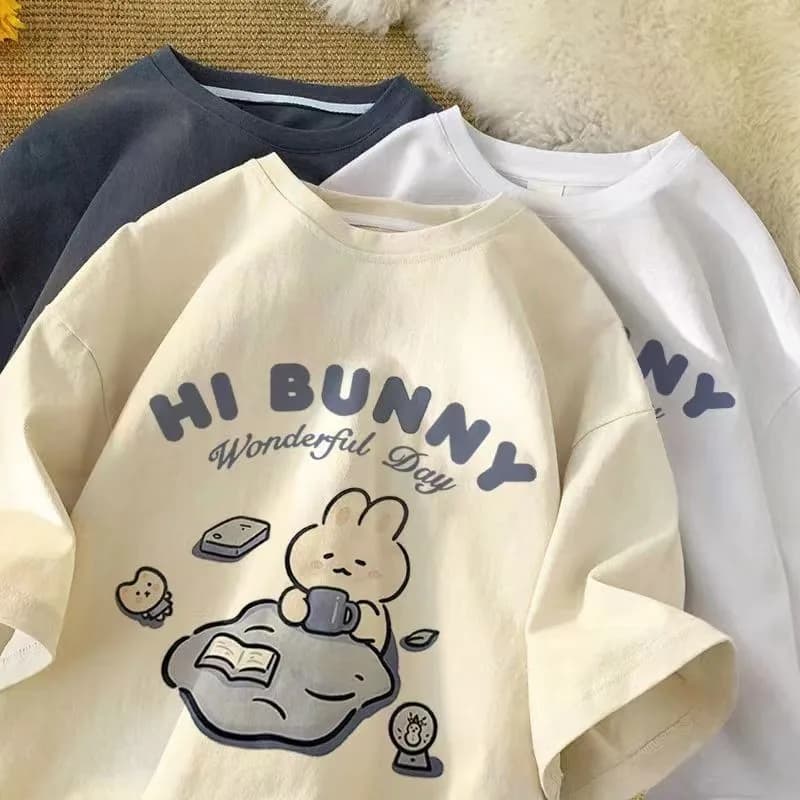 Japanese short sleeve summer t-shirt printed with rabbit drinking tea for women and boys Same large random top
