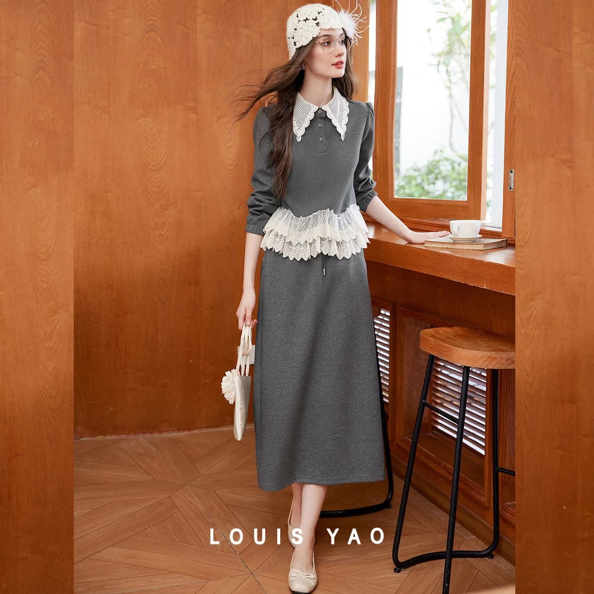 LOUIS YAO Lace Color Contrast Splicing Two Piece Set 2025 Autumn Women's Set Micro Elastic Collar Long Sleeve Top and Half Skirt