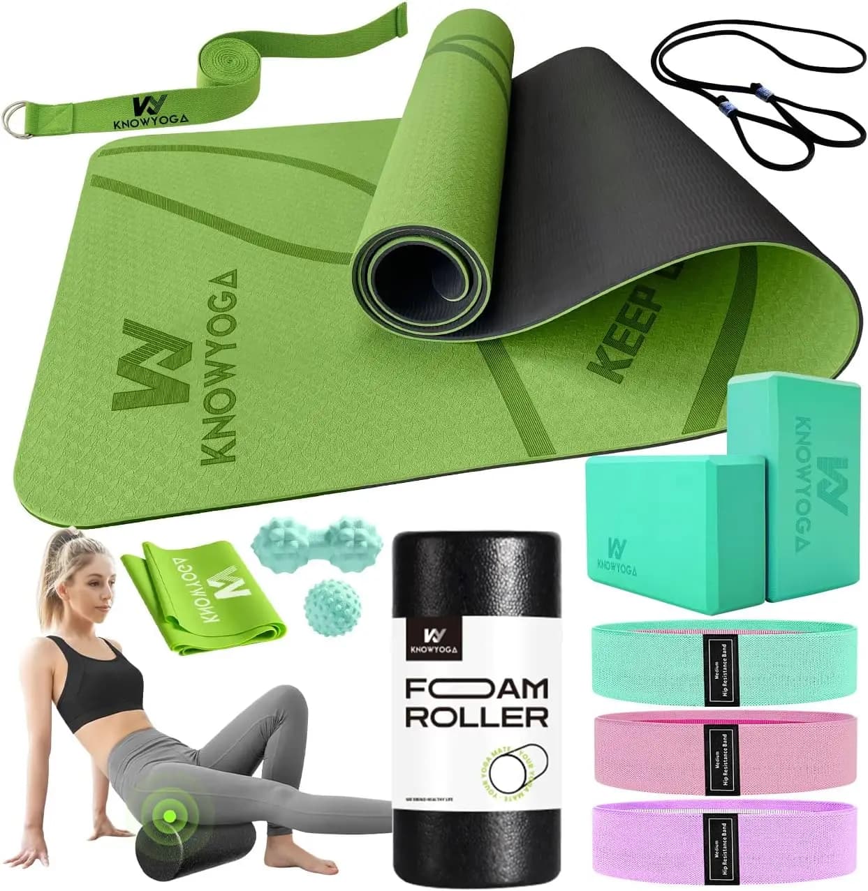 Kit Yoga 12-in-1 per Principianti: Tappetino, Rullo in Schiuma, 4 Fasce Elastiche, 2 Blocchi, Cinghia, 2 Palline Massaggianti