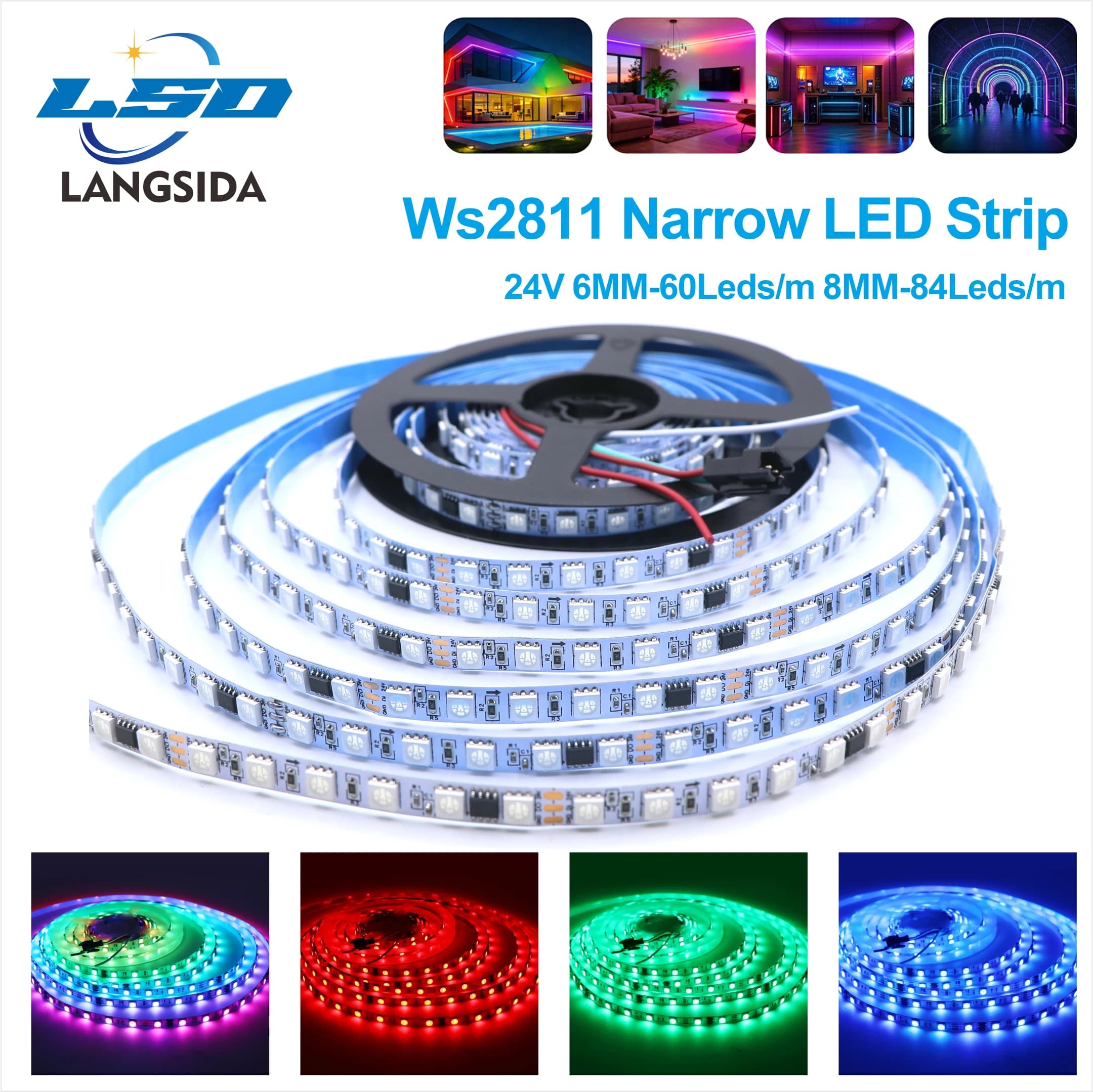 6mm/8mm 24V WS2811 RGB Dream Color LED Strip 60/84 LEDs/m Waterproof Flexible LED Light Strip with 3M Backing for Home Bar 2811