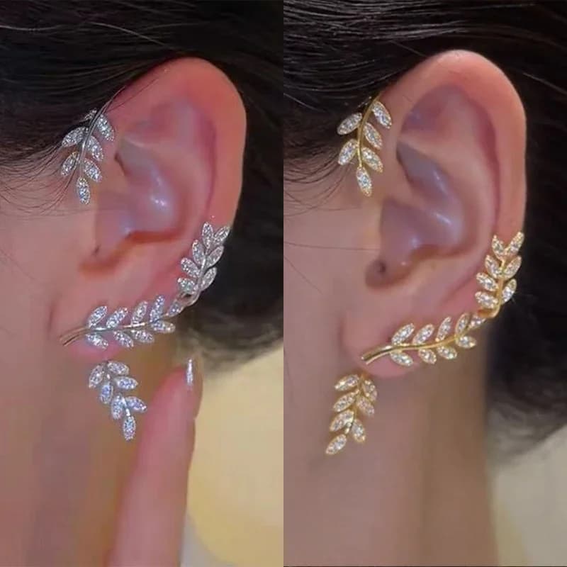 Squisito orecchino a bottone con polsino dell'orecchio con foglie scintillanti per le donne Orecchini con zirconi cubici color argento Gioielli per feste