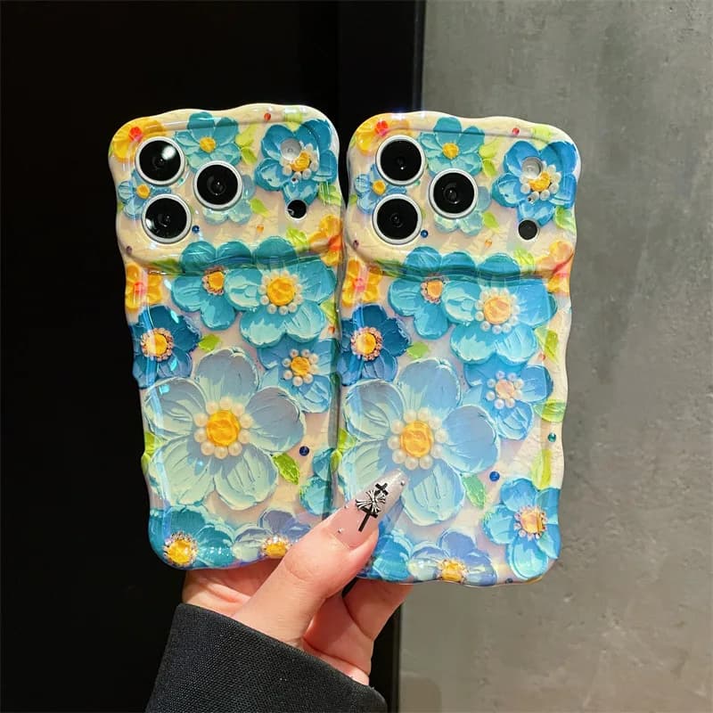 Luxury Oil Painting Blue Flowers Pattern Wavy Border Phone Case For iPhone 17 15 16 Pro Max Shockproof Protective Soft Cover