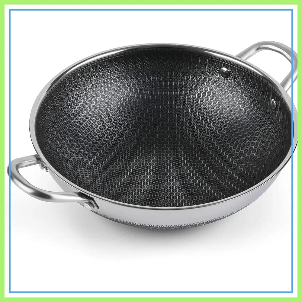 Padella Wok da 12,5 Pollici con Doppio Rivestimento Antiaderente a Nido d'Ape, in Acciaio Inox, Due Manici, Compatibile con Piani a Induzione e Gas