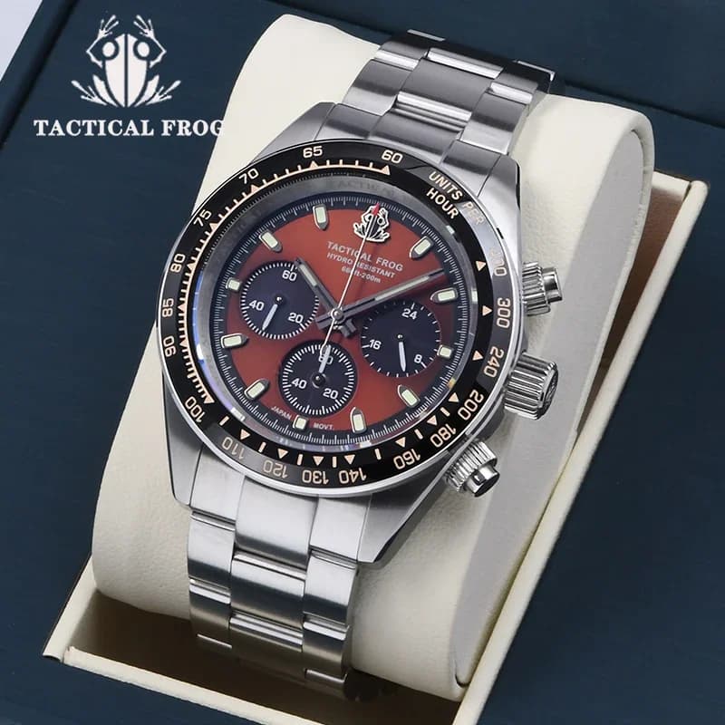 Tactical Frog Men Watch Stainless steel Chronograph Quartz Watches Sapphire Crystal VS75 SOLAR Movement Diving 20Bar Waterproof