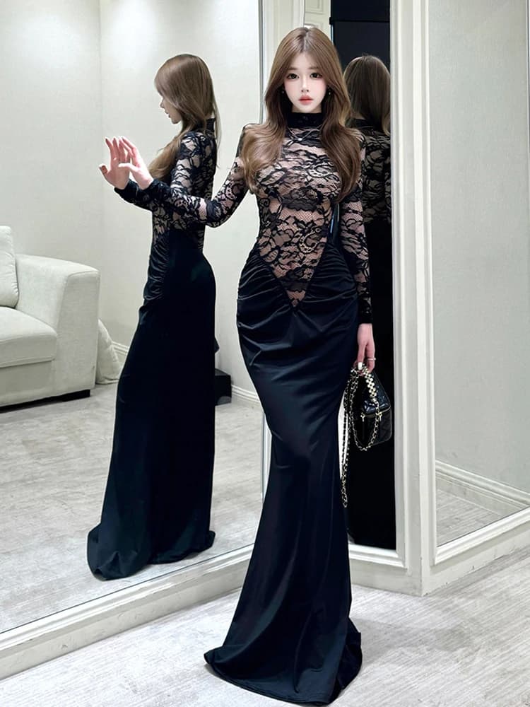 Elegant Black Lace Mermaid Dress Slimming Fit High Waist Long Sleeve Casual H-Shape Pure Desire Lady Style See through Dress