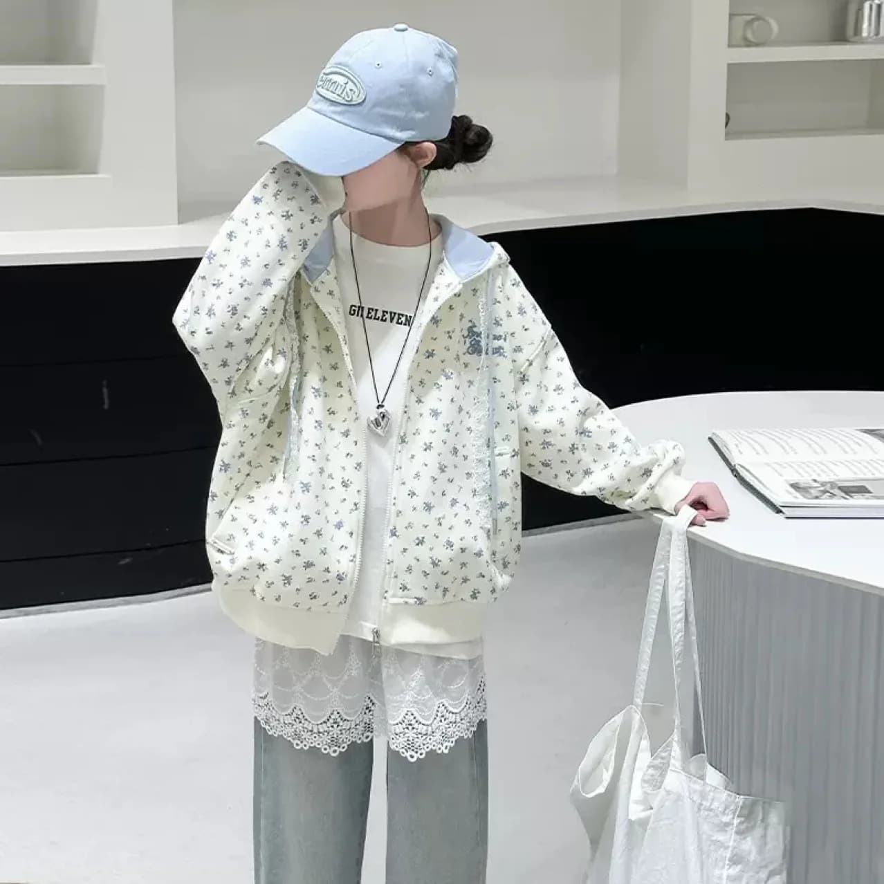 Felpa con Cappuccio e Zip Floreale alla Moda per Bambine, Giacca Casual per Scuola, Cappotto per Bambini 5-16 Anni, Primavera Autunno
