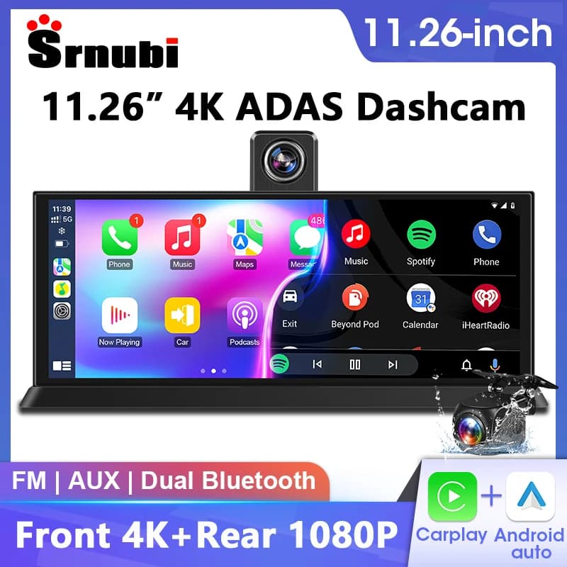 DVR ADAS Portable 11.26" 4K with CarPlay Wireless, Android Auto, Bluetooth, Audio, GPS, Video Recorder for Dashboard, FM, AUX