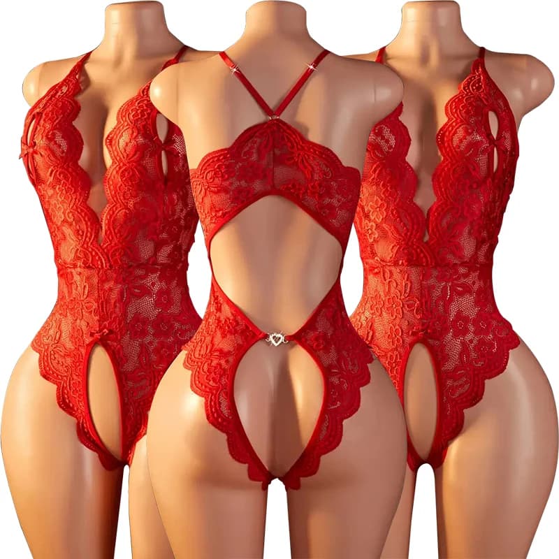 Indumenti da notte sexy senza cavallo da donna Pigiama cavo in pizzo Set Lingerie erotica Reggiseno aperto a V profondo Teddy Abito da notte Set pigiama porno