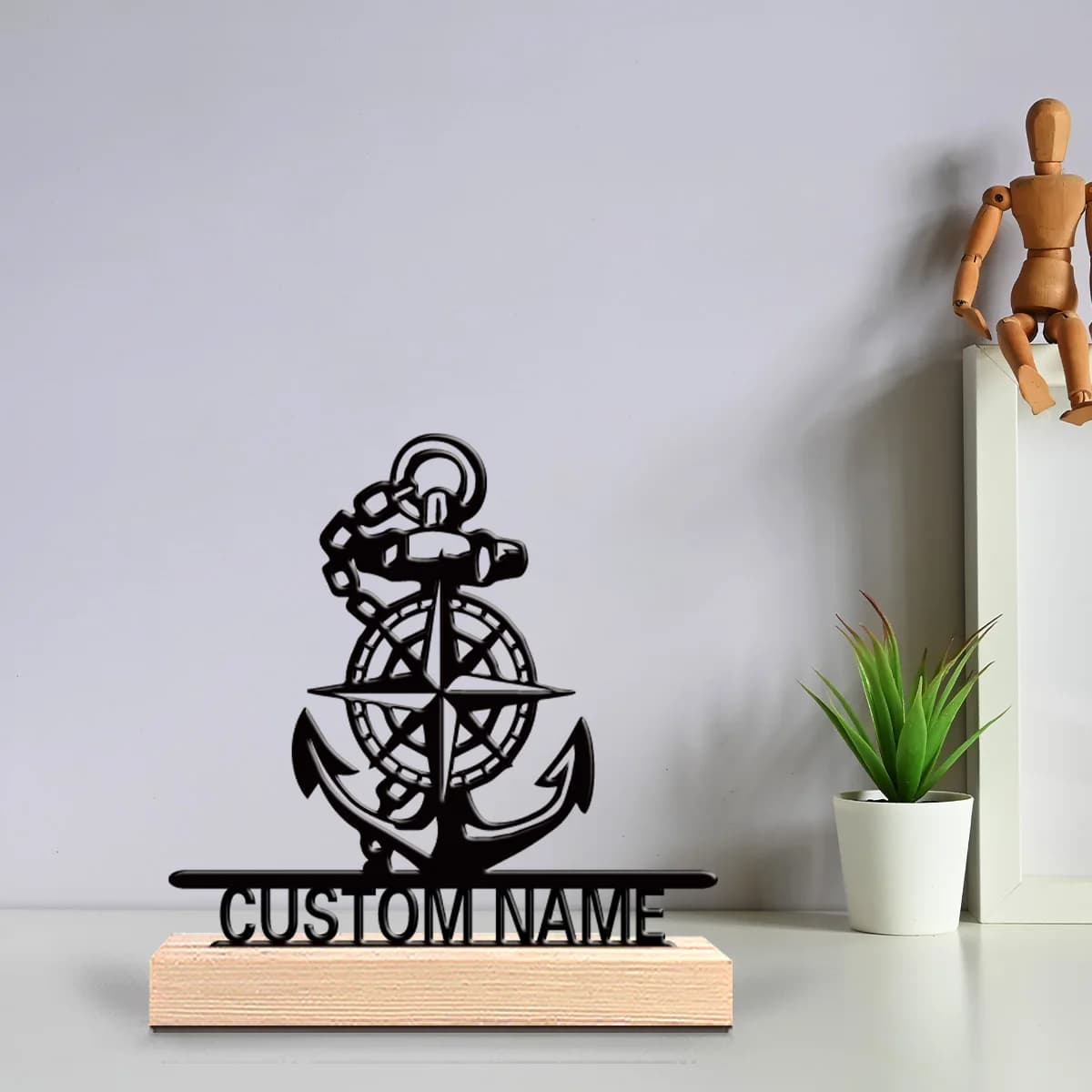 1pc Abstract boat anchor Customizable Text Metal Statue Iron Ornament Art Crafts With Wood Base Metal OrnamentFor Home Decor