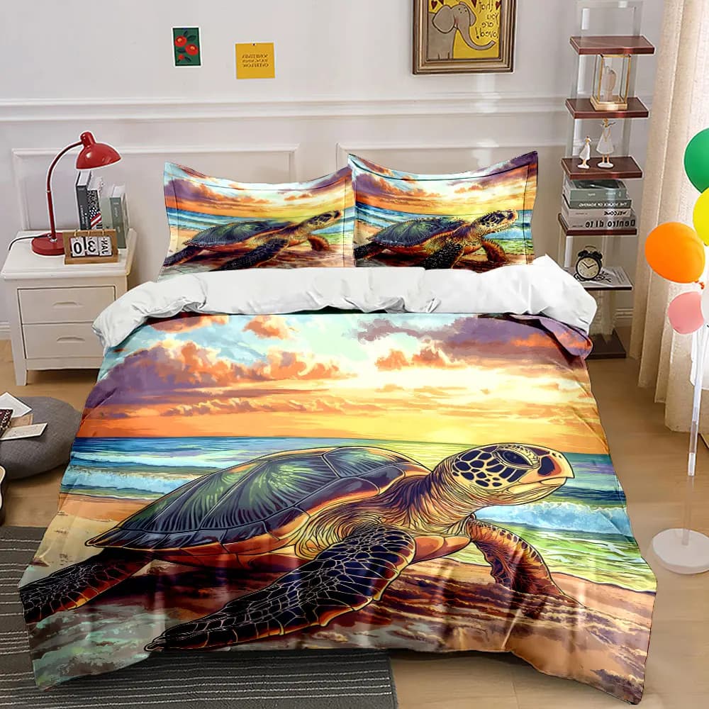 Turtle strolling on sunset beach Print Soft Comfortable Duvet Cover Bedding Set Included 1*Duvet Cover 2*Pillowcases