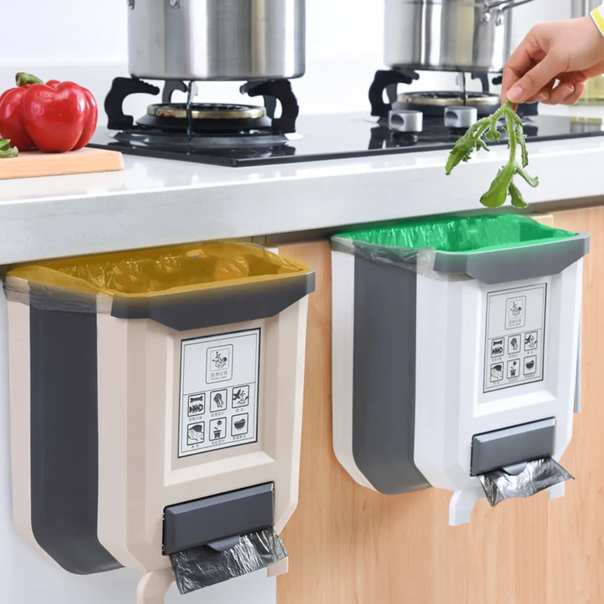 1Pcs Compact Kitchen Trash Basket Hanging Type Heavy Duty Plastic Garbage Bin Wall Mounted Door Storage Can Large Capacity Tidy