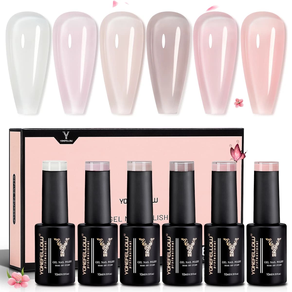 Set di Smalti Gel YOKEFELLOW, 6 Pezzi da 10ml, Kit di Smalti Gel Nude, Rosa Traslucido, Smalto Gel UV Trasparente Soak-Off, 6 Pezzi