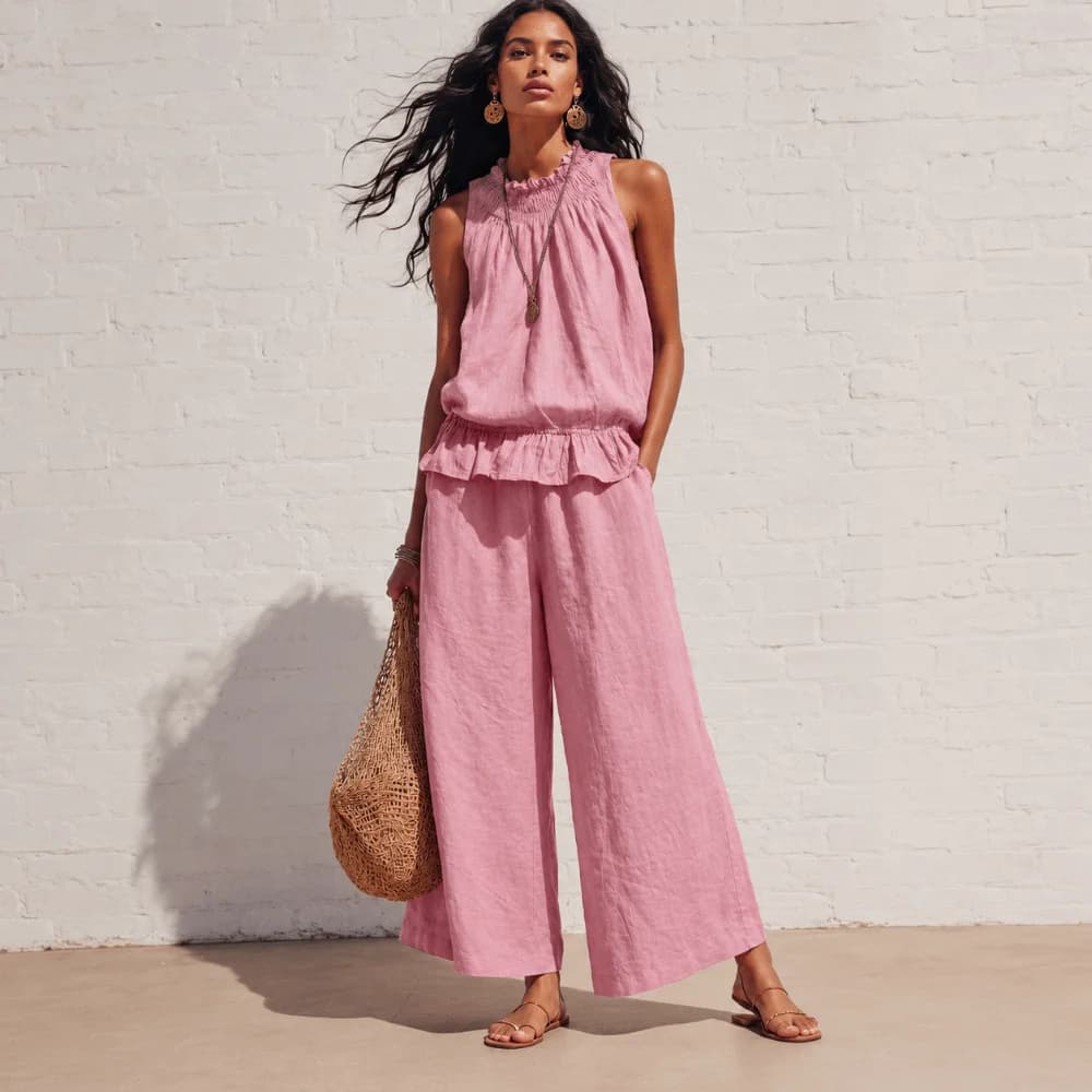 Faux Linen Ruffle Outfit Ruffle Hem Smocked Neckline Ladies' Suit Elastic Waist Wide Leg Summer Pants Set Beach Vacation