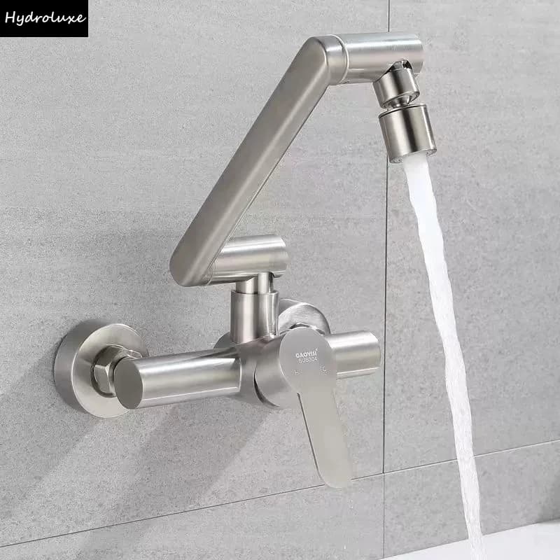 Rubinetto da Cucina e Bagno a Parete in Acciaio Inox 360° ° Rubinetto da Cucina Girevole con Miscelatore Acqua Calda e Fredda ad Alta Pressione, Accessori per Cucina