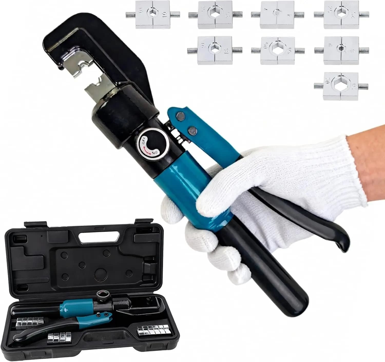Pinza Idraulica per Crimpatura con 9 Set di Matrici per Cavi in Acciaio, Cavi Batteria e Fili Elettrici (da 12 AWG a 2/0 AWG)