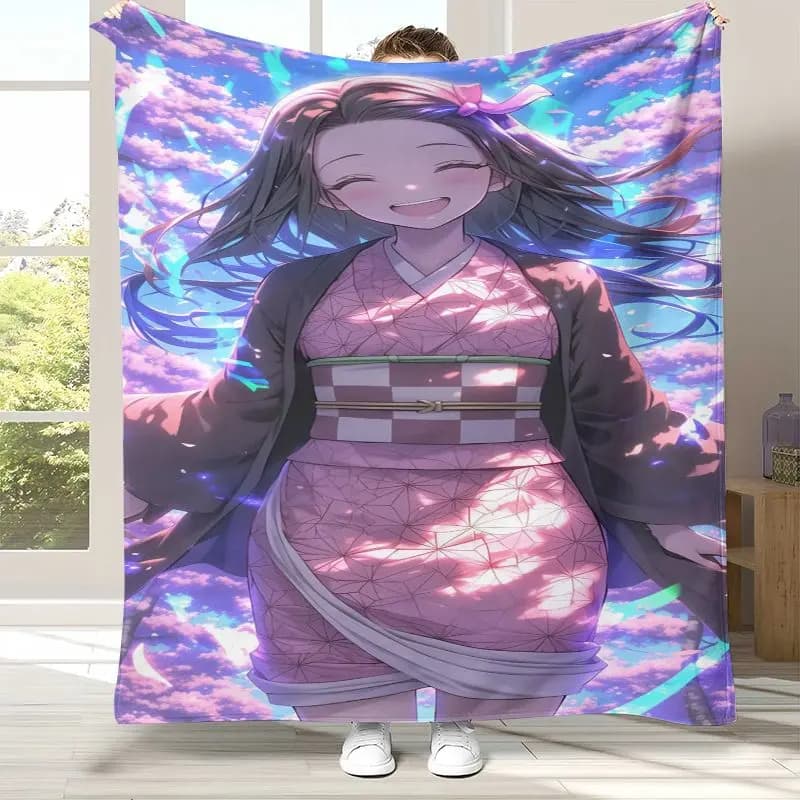 Anime Demon Slayer Kamado Nezuko Tanjirou Cartoon Flannel Blanket,Ultra Soft Plush Throw for Home Bedroom Bed Sofa Cover Office