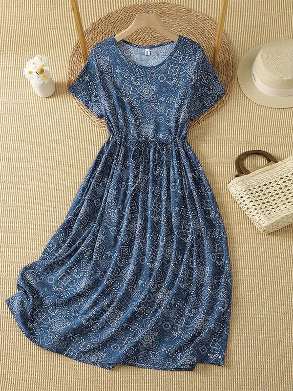 Summer Japanese Style plus Size Dress Women Loose Waist Cinched Long Holiday Dress Cotton Printed A-Line Skirt Short Sleeve