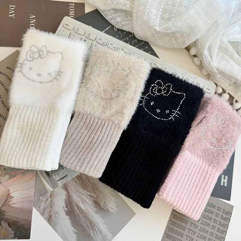 1 pair of women's winter gloves Pop Cute Sanrio, thickened and warm, half fingers, cycling, student writing and wrist protection