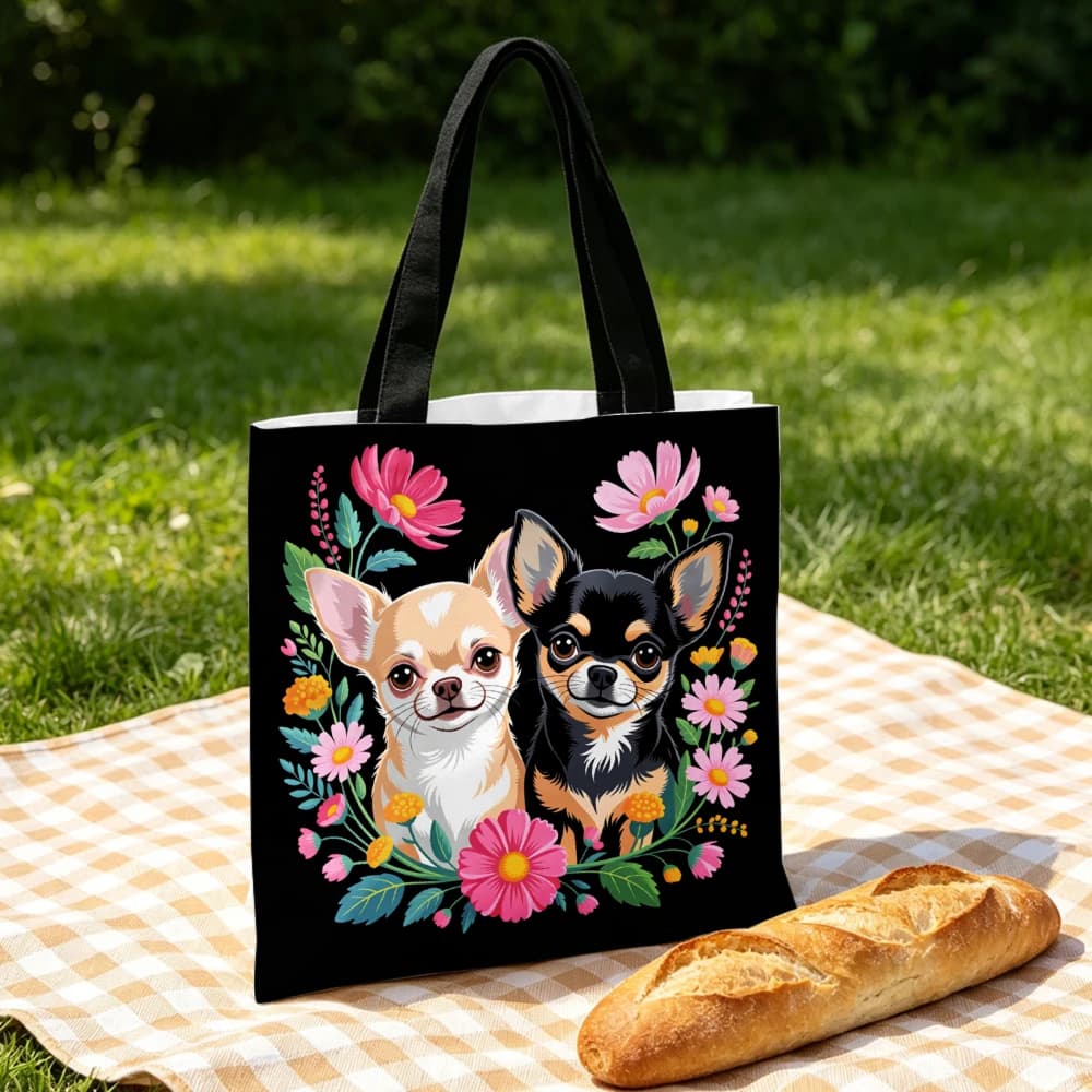 Borsa con stampa cane chihuahua, borsa tote con motivo floreale nero e borsa per il trucco, combinazione per lo shopping e il viaggio, pochette portatile